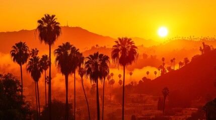 Vibrant sunset over los angeles with palm trees silhouetted against rising smoke from hills