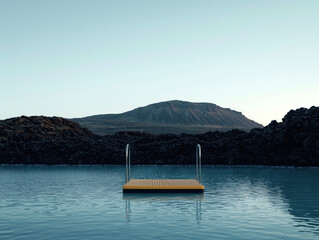 Minimalist infinity pool merging with calm mountain lake, serene landscape view
