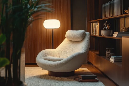 A cozy reading nook with a comfortable armchair, a stylish floor lamp, and warm wooden elements in a modern space.