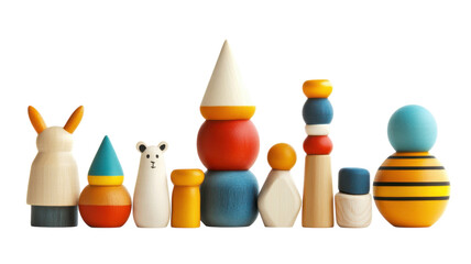 Colorful wooden toys arranged in a playful display at a bright indoor setting