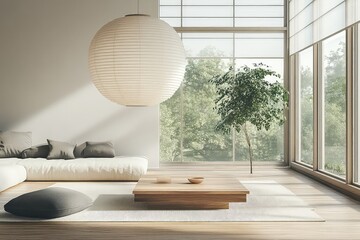 A harmonious blend of modern and traditional elements in a spacious Japanese living room, with a paper lantern and low table as focal points.