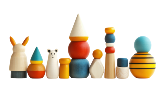 Colorful wooden toys arranged in a playful display at a bright indoor setting
