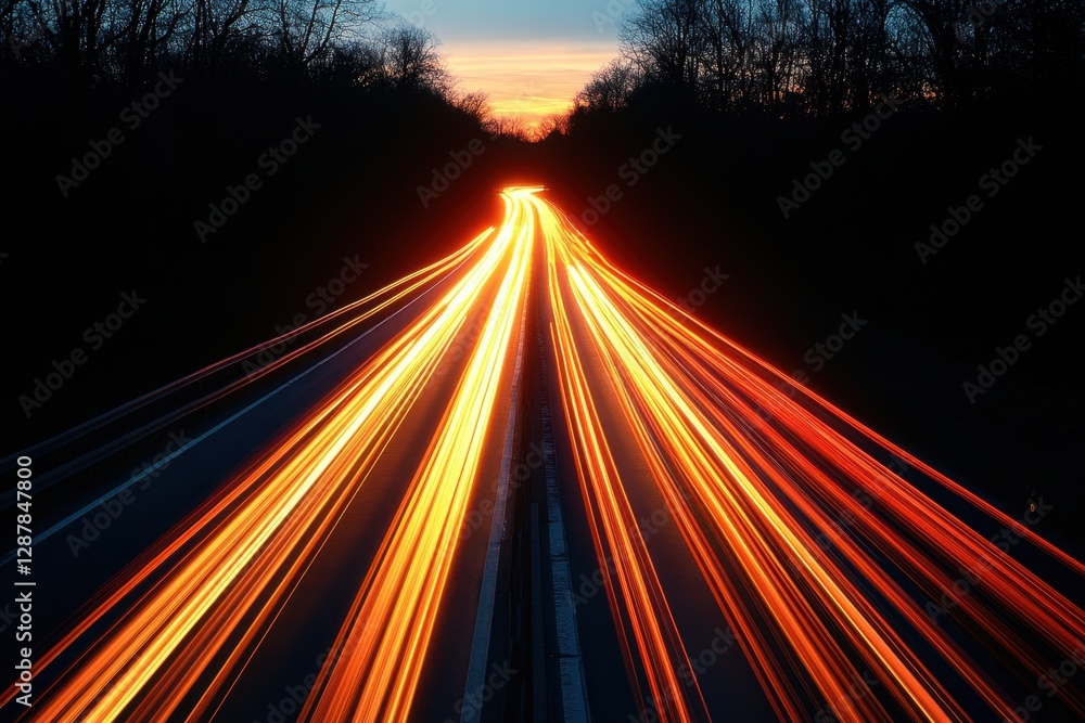 Poster dynamic highway at dusk with vibrant light trails creating an illusion of speed and motion in dark n