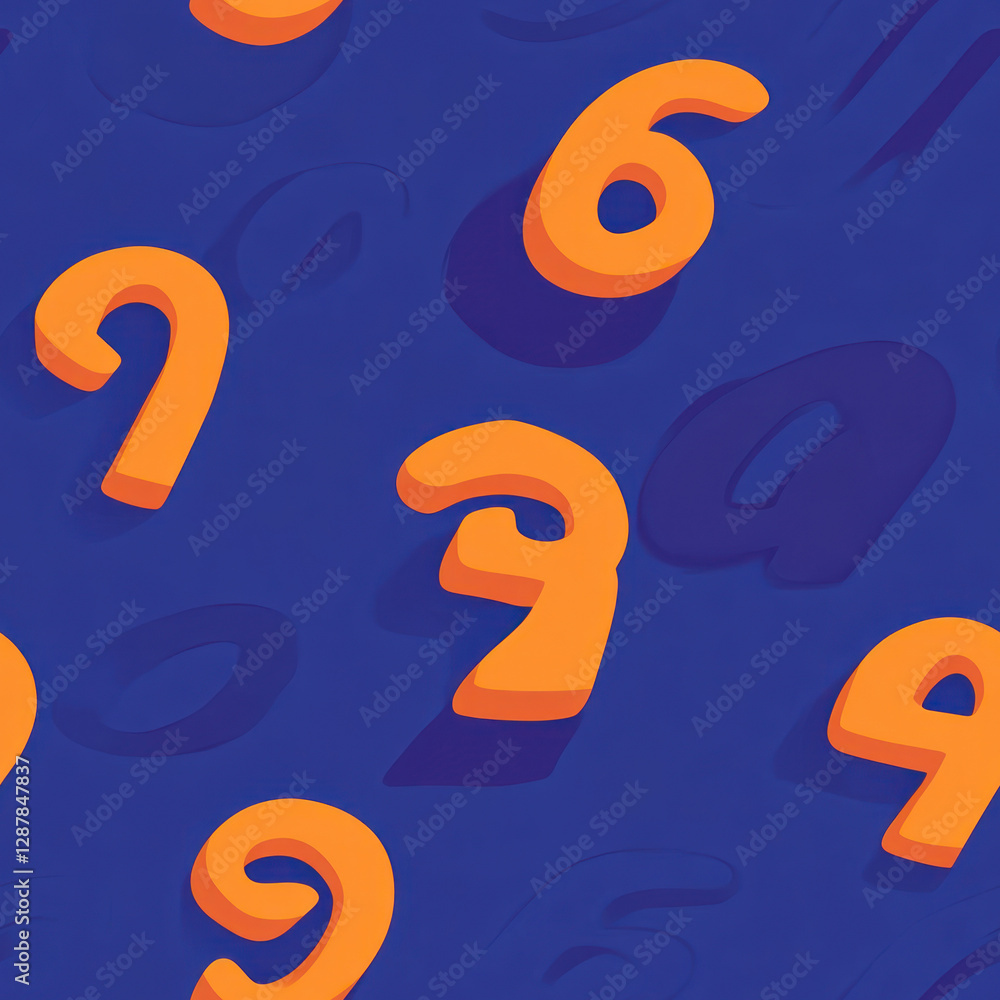 Poster numbers scattered across a blue surface, creating a playful, repeating pattern with dropped shadows