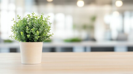 Fototapeta premium A serene modern office scene with a wooden table, potted plant, and soft lighting. Blurred glass partitions and greenery evoke tranquility and professionalism