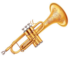 Obraz premium An artistically illustrated Christian wind instrument, a golden trumpet with delicate engravings of faith-inspired motifs, transparent background, PNG