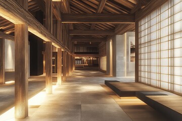 A harmonious blend of modern and traditional Japanese interior design, featuring wooden beams, shoji screens, and warm lighting.