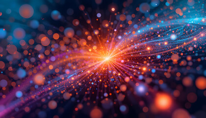 Fototapeta premium Technological background with digital particles and gradients, vibrant colors and light effects, abstract design, copy space 