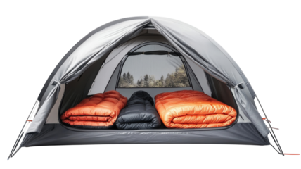 Comfortable camping setup with sleeping bags inside a modern tent in a serene nature setting during daylight hours