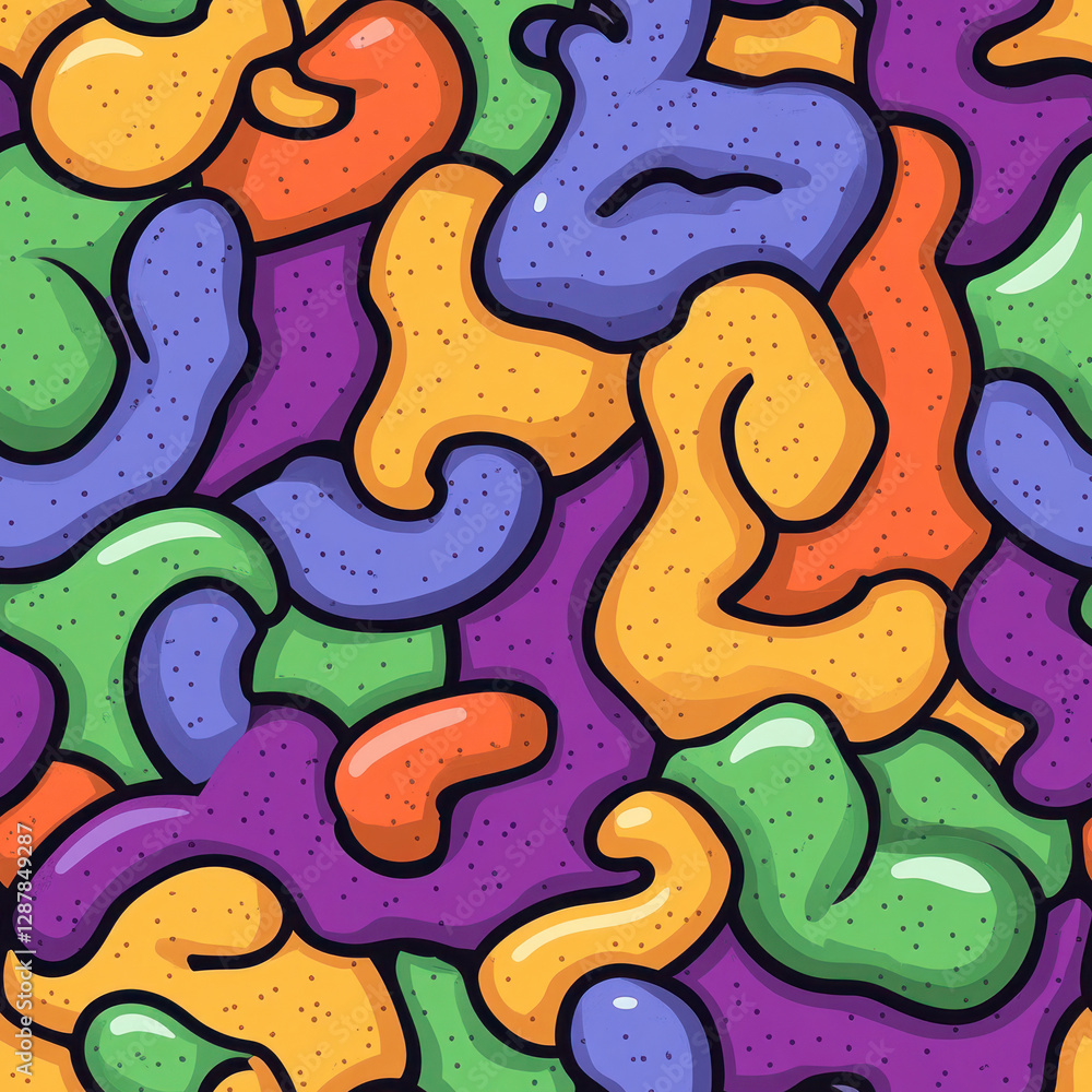 Poster organic shapes create a colorful, seamless pattern against a speckled texture background
