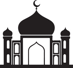 islamic mosque silhouette vector, black silhouette mosque vector illustration | Silhouette of an Islamic Mosque with Crescent Moon Against a White Background.