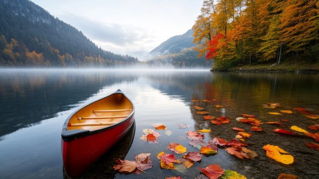 Autumn canoe on tranquil lake, misty mountains