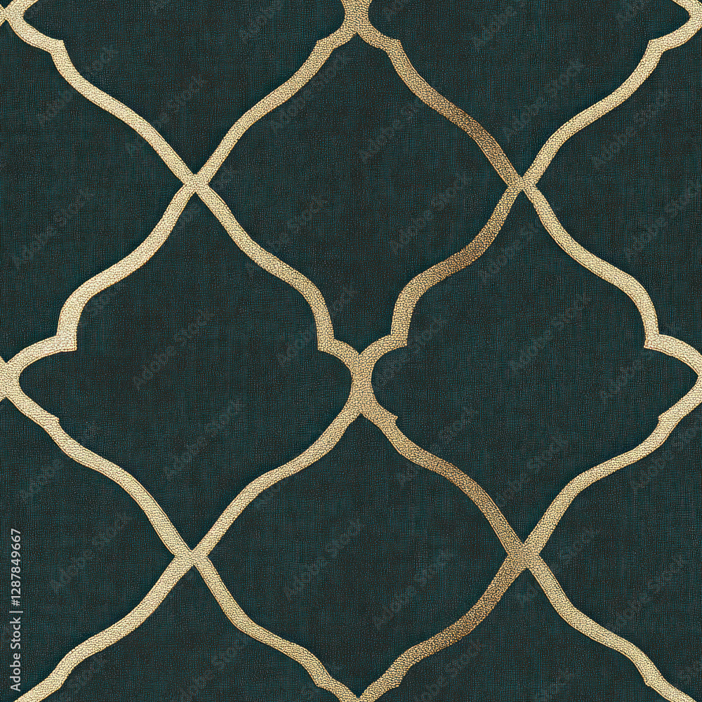 Poster ornamental lattice pattern with gold lines on textured teal surface. geometric background design