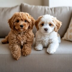 Adorable pair of fluffy cavapoo puppies sitting on a cozy sofa looking at the camera with gentle eyes in soft light