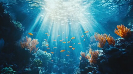 Sunlit coral reef fish ocean scene