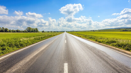 Wide road into distance, flanked by green fields and blue sky. High-definition, horizontal composition. Serene beauty.