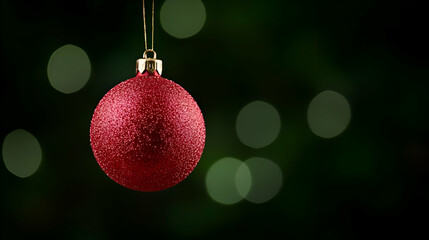 Red Glitter Christmas Ornament Hanging Against Dark Green Background