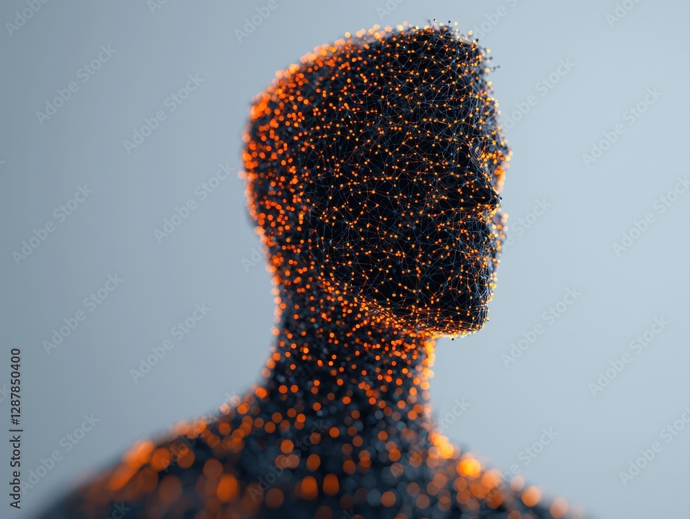 Poster a digital silhouette composed of glowing particles, blending technology and human form, creating an 