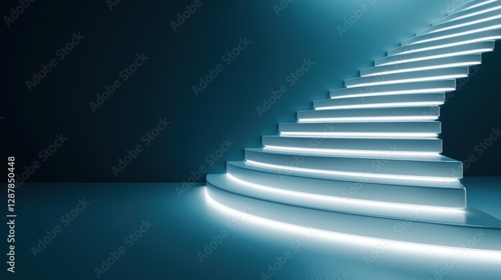 Poster a modern staircase illuminated by soft blue light, creating a serene and futuristic ambiance in a mi