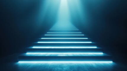 A dimly lit staircase with glowing blue lights, leading upwards through a misty atmosphere, evoking a sense of mystery and intrigue.