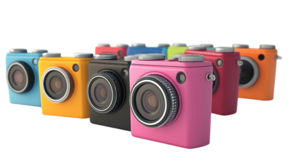 Colorful compact cameras arranged in a playful display for photography enthusiasts in a creative studio setting
