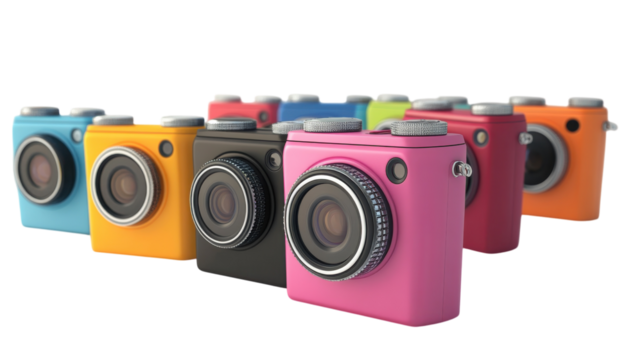 Colorful compact cameras arranged in a playful display for photography enthusiasts in a creative studio setting