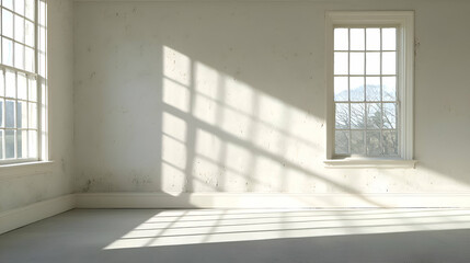 Fototapeta premium Sunlit Empty Room with White Walls and Two Windows