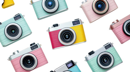 Colorful camera collection displayed creatively on a white background with playful arrangements and appealing colors