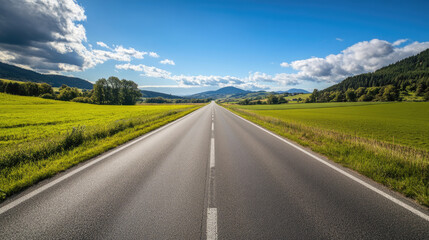 Fototapeta premium Wide road into distance, flanked by green fields and blue sky. High-definition, horizontal composition. Serene beauty.