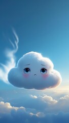 Melancholic cloud character floating in a bright sky digital art whimsical conceptual illustration