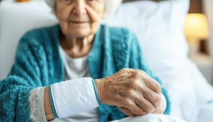 An elderly woman sits in bed, showing a bandaged wrist, wrapped in a cozy blue sweater, reflecting care and vulnerability in a warm, homey environment.
