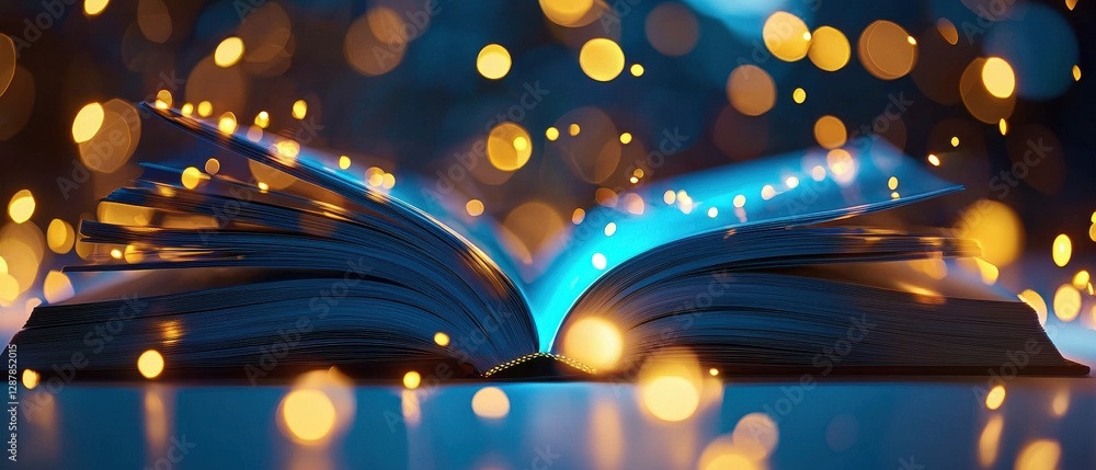 Poster an open book illuminated by soft blue light, surrounded by glowing golden bokeh, creating a magical 
