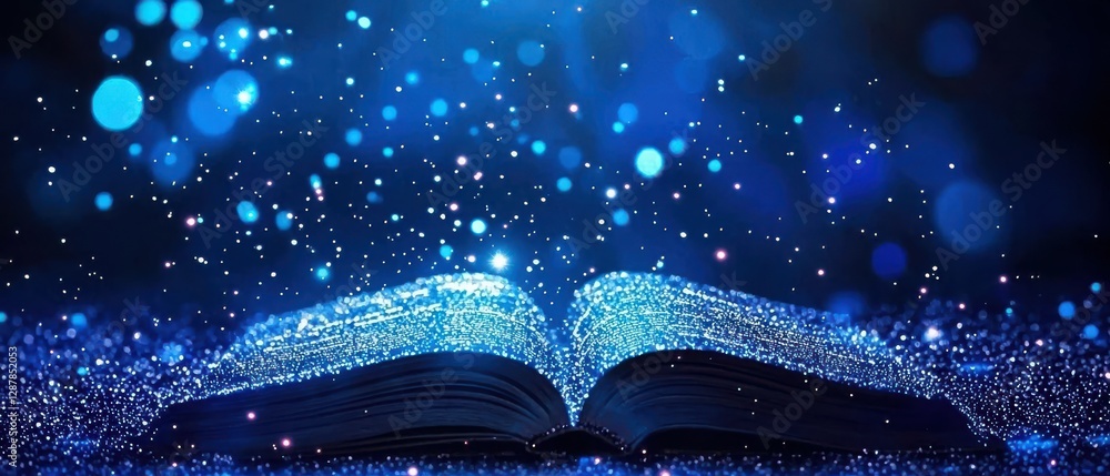 Poster an open book illuminated with sparkling blue particles, creating a magical, enchanting atmosphere.