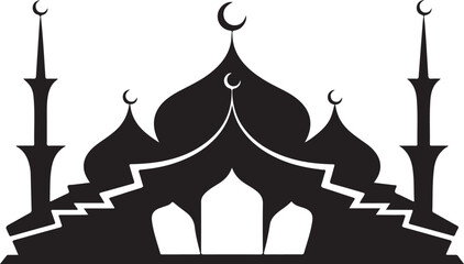 Islamic mosque silhouette vector, black silhouette mosque vector illustration | Silhouette of an Islamic Mosque with Crescent Moon Against a White Background.