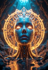 Fototapeta premium Cybernetic Woman Emerging from Water Mystical Golden Halo Digital Art