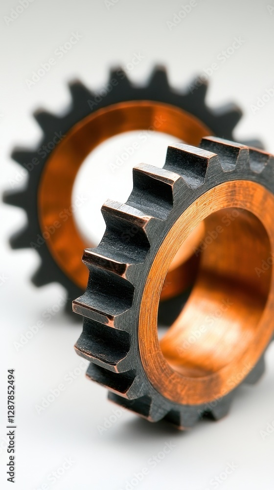 Poster close up of two copper and black gears on a white background with shallow depth of field industrial 