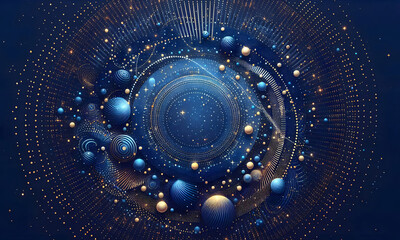 Dunkelblauer Hintergrund mit blauen, zufällig angeortneten Punkten und Kugeln , abstrakt