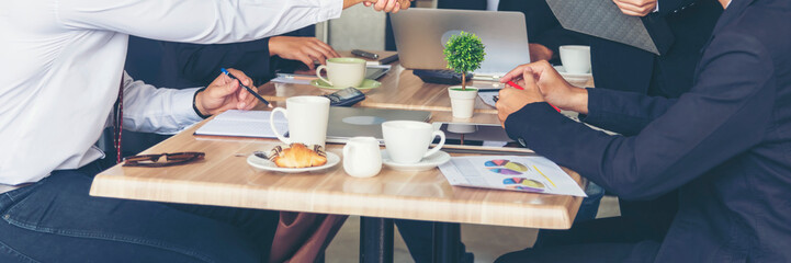 Banner Group of business people meeting in conference room. Panorama Asian businesspeople brainstorm teamwork partnership. Happy teams meeting graph chart business data meeting room with copy space