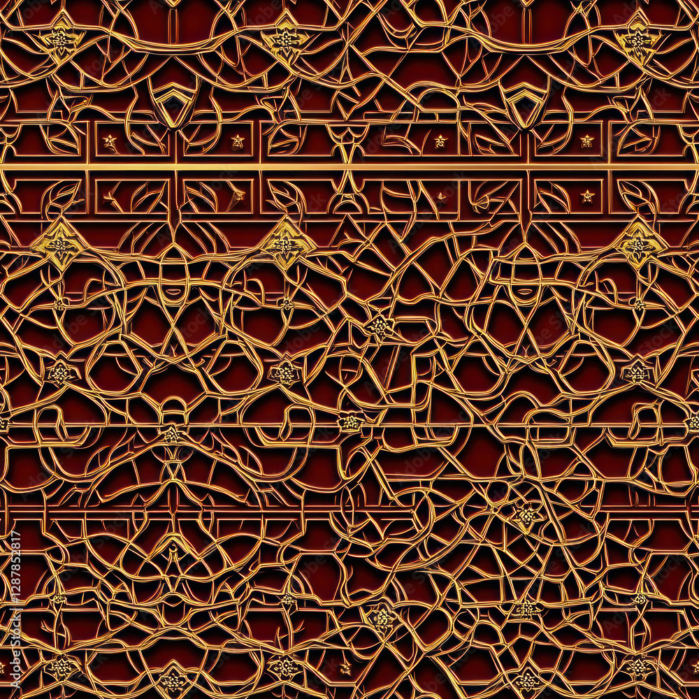 Poster ornate golden lattice intertwining with intricate patterns, set against a deep reddish-brown backgro