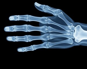 An X-ray image of a human hand, showcasing the skeletal structure, including the fingers and wrist bones against a dark background.