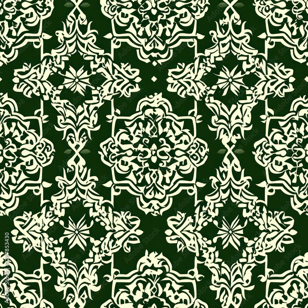 Poster ornate pattern elegant white swirls on dark green backdrop create intricate symmetric ornamental des