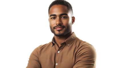 Confident man poses in a casual brown shirt with arms crossed against a plain background