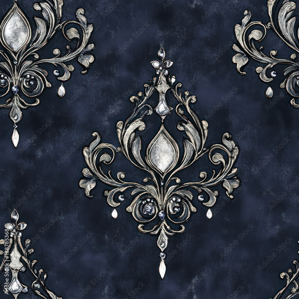 Poster ornate patterns float on a textured deep blue background