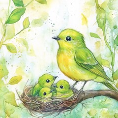 Colorful Bird s Nest with Newborn Chicks in Lush Spring Foliage