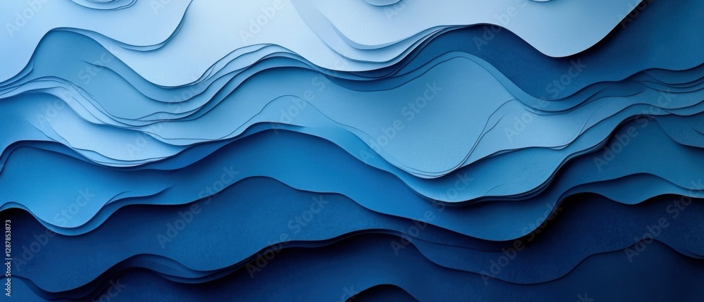 Poster abstract paper cut waves in shades of blue creating a serene and calming visual texture perfect for 