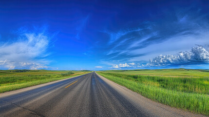 Fototapeta premium Wide road into distance, flanked by green fields and blue sky. High-definition, horizontal composition. Serene beauty.