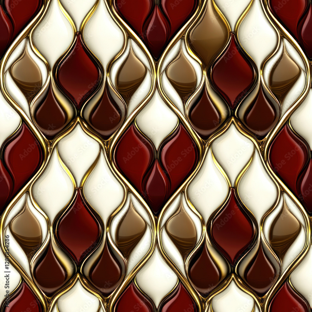 Poster ornate symmetrical pattern featuring red, brown, and white teardrop elements with golden outline on 