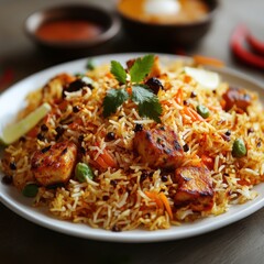 Exquisite Chicken Biryani Delight on White Plate Aromatic Rice Cubes Carrots Peas Lime Cilantro Indian Cuisine
