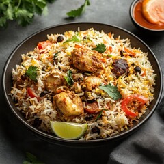 Delicious chicken biryani with vibrant vegetables and aromatic spices served in a dark bowl on a gray background