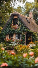 Charming thatched cottage surrounded by vibrant flowers